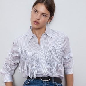 ZARA Western Fringe Pinstripe Button Up Long Sleeve Shirt xl